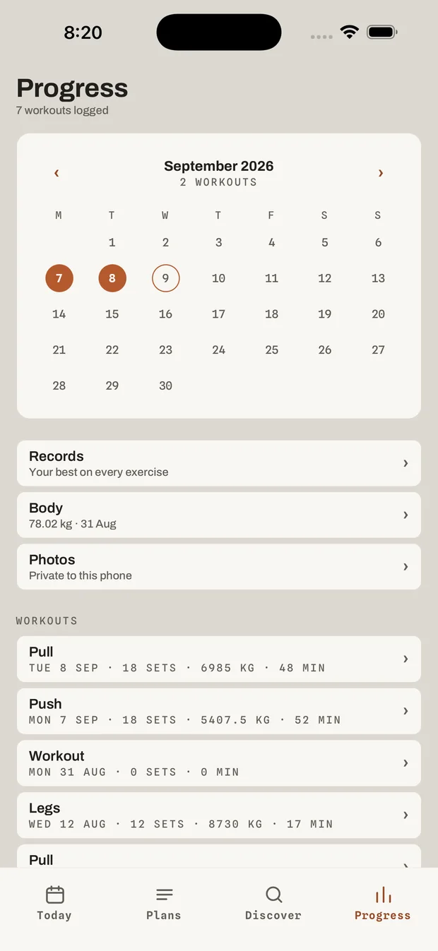 A month of training: a calendar with logged days marked, and a list of past workouts with their sets, volume and duration.